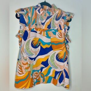 THML Womens Smocked Sleeveless Abstract Top, Boho, Size Medium